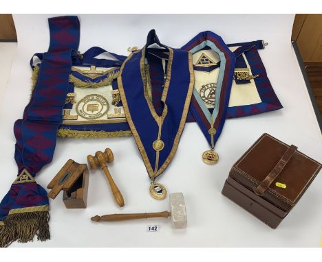 Masonic items&nbsp; from&nbsp; Yorkshire West Riding including 2 collars with medallions, sash, 2 aprons, 2 gavels, leather b