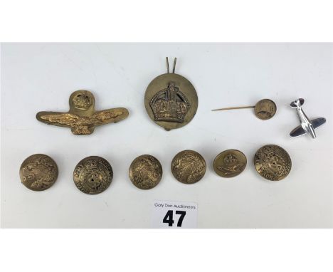 5 Royal Army Medical and other buttons and 4 assorted badges inc. airplane
