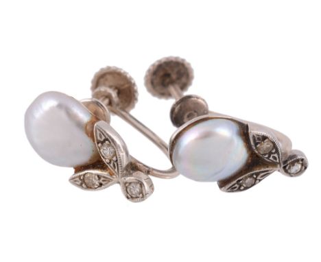 A pair of pearl and diamond earrings, the pearl with an eight cut diamond...  A pair of pearl and diamond earrings,   the pea