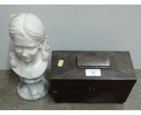 A Victorian rosewood two compartment tea caddy together with a bust of a young girl, raised on marble base
