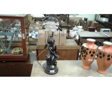 A figural decorated table lamp with glass shade 