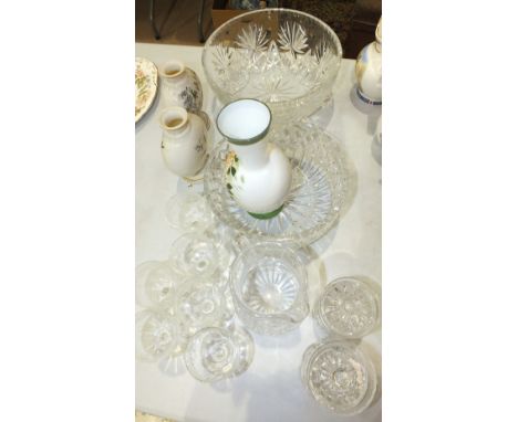 Two Victorian opaque glass vases painted with enamel flowers and blue tits, two cut-glass bowls and other glassware.