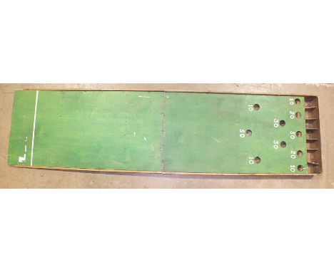 A large scratch-built 10-hole table-top bagatelle board with separate ramp, (no cues or balls), 243 x 60.5cm.