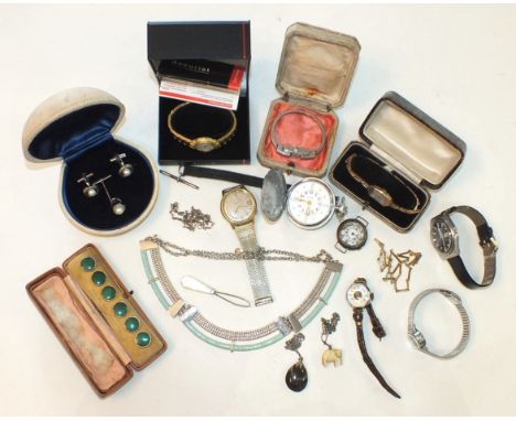 A set of six enamel and gilt metal buttons, a Bulova Acutron gent's wrist watch, (a/f), other watches and jewellery.
