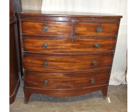 A Victorian bow-fronted chest of two short and three long drawers, on bracket feet, 103cm wide, 105cm high.