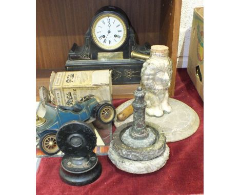 A late-Victorian marble case mantel clock with white enamel dial and bell-striking drum movement, the case with presentation 