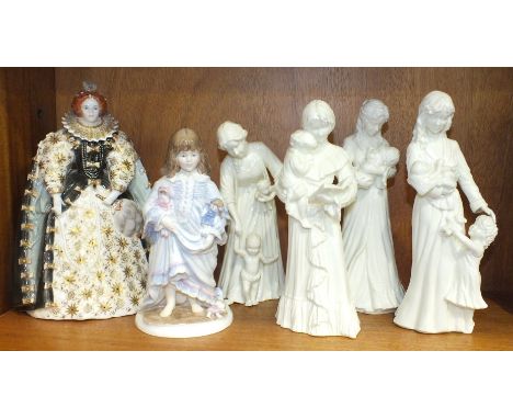 A group of six Royal Worcester figurines, including 'Queen Elizabeth I', 'Lullaby', 'First Steps', 'Sweet Dreams', 'Once Upon