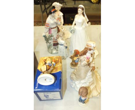 Two Hummel figures, two Coalport figurines, a Royal Copenhagen figure of a young girl carrying a doll and other figures.