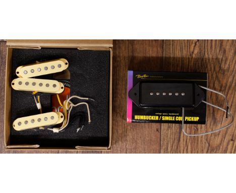 Set of Rebel Relic Vintage SRV single coil Strat pickups; together with a Boston Dog Ear P90 guitar pickup 