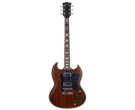 1974 Gibson SG Special electric guitar, made in USA; Body: walnut finish, pickup cavities crudely routed to allow for mini hu