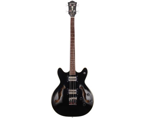 DeArmond by Guild Starfire semi-hollow body bass guitar, made in Korea; Body: black gloss finish; Neck: good; Fretboard: rose