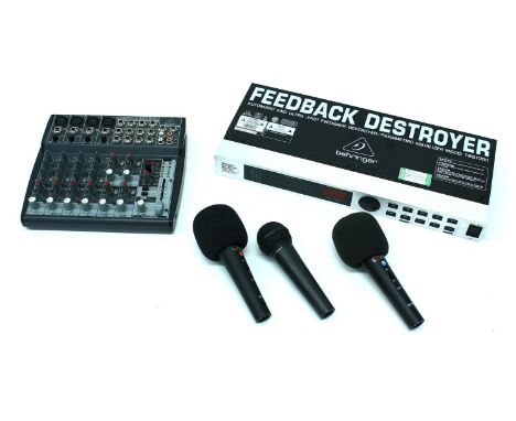Behringer Xenyx 1202FX mixer, a Behringer FBQ100 Feedback Destroyer, a Behringer XM8500 microphone and a pair of Live M10 mic