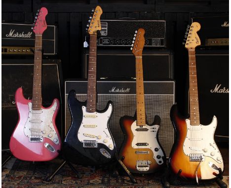 Four electric guitars to include a Squier by Fender Affinity Series Stratocaster, an Encore S Type, a Rockwood by Hohner LX90