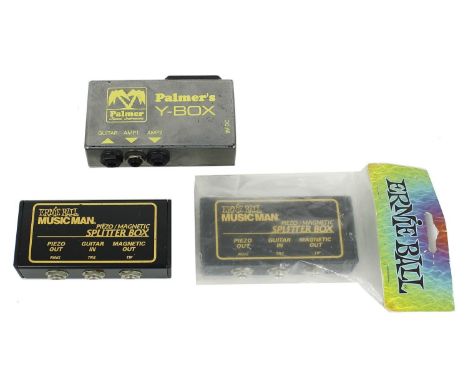 Two Ernie Ball Music Man piezo/magnetic splitter boxes; together with a Palmer Y-Box PJ-03, boxed (3)  *From the collection o