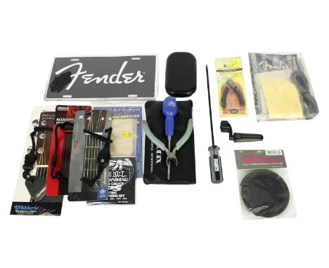 Selection of guitar spares and tools to include a pair of Fender Japan chopsticks, a BB King 2011 World Tour necklace, two ac