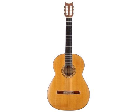 1962 A A Jones classical guitar; Back and sides: Indian rosewood, hairline to lower bout, further marks and scratches; Top: n
