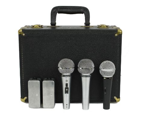 Three microphones to include two Shure Unisphere 588SA and an Adam AM-58, fitted with a case with associated cables and fitti