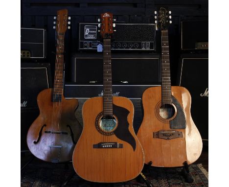 Two Eko Ranger 6 acoustic guitars; together with a vintage small hollow body guitar, also probably by Eko (3) 