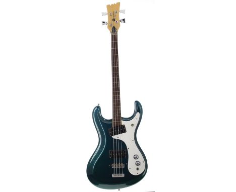 1967 Mosrite of California Ventures bass guitar, made in USA; Body: blue metallic finish, lacquer checking, dings and scratch