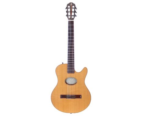 2012 John Buscarino Starlight Thinline electro-acoustic nylon string guitar, made in USA; Body: mahogany back and sides with 