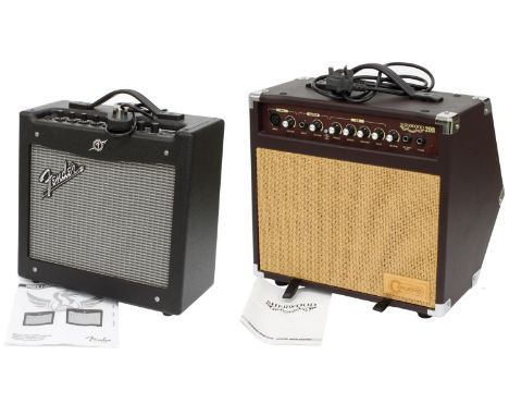 Fender Mustang I guitar amplifier; together with a Carlsbro Sherwood 20R guitar amplifier (2)  *Please note: Gardiner Houlgat