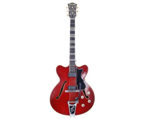 1964 Hofner Verithin Bigsby electric guitar, made in Germany; Body: cherry finish, light scratches, scuffs and dings, some la