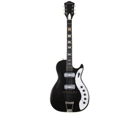 1963 Silvertone 1423 Jupiter electric guitar, made in USA; Body: black sparkle finish, impact damage to wood around jack sock