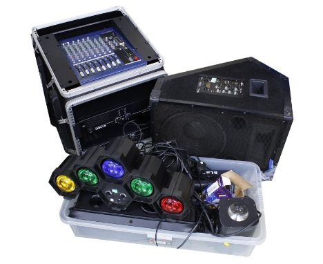 Selection of PA and lighting equipment to include a Yamaha MG12/4 mixing console, VXA-1200 professional amplifier and SPLEQ S