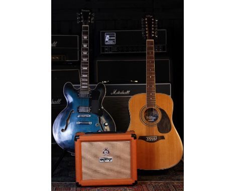 Benson 335 style electric guitar, blue burst finish; together with a JHS Vintage V400-12 twelve string acoustic guitar and an