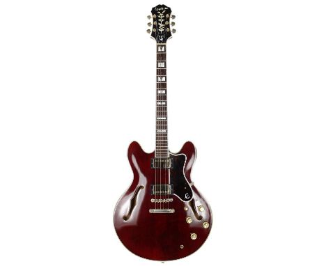 1983 Epiphone Sheraton semi-hollow body electric guitar, made in Japan; Body: wine red finish, a few light surface marks and 