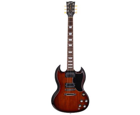 2015 Gibson SG electric guitar, made in USA; Body: tobacco burst finish, a few light marks; Neck: good; Fretboard: rosewood; 