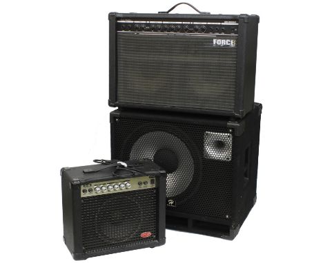 Harley Benton BB15T bass guitar amplifier speaker cabinet; together with a Hohner Force Series CD-600SC guitar amplifier and 