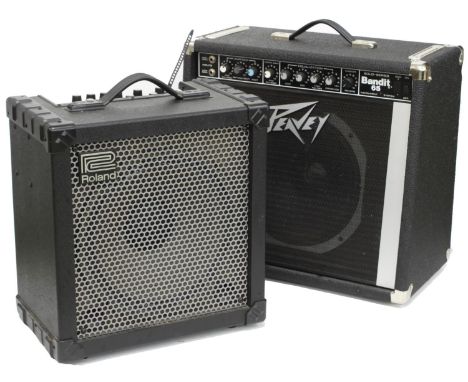 Roland Cube 60 guitar amplifier; together with a Peavey Bandit 65 guitar amplifier, with dust cover (2)  *Please note: Gardin