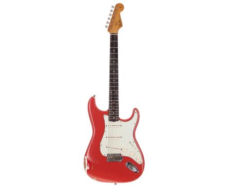 1961 Fender Stratocaster electric guitar, made in the USA; Body: fiesta red relic refinish, trem block cavity enlarged, picku