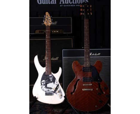 Hondo semi-hollow body electric guitar in need of light attention (electrics require attention and light cleaning); together 
