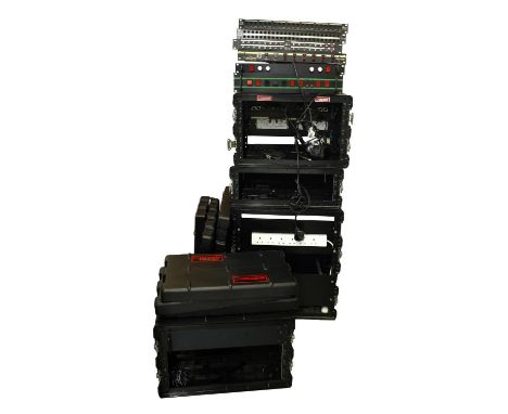 Four various sized rack flight cases; together with an MTR PV-96 patch bay, an MTR PM21 midi patch bay, a Fostex 3011 patch b