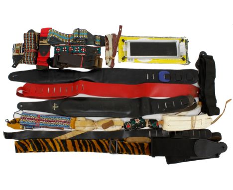 Selection of various vintage fabric and leather guitar straps; together with a Wittner footstool, another similar footstool a