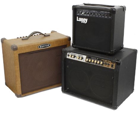 Kustom Sienna 65 guitar amplifier; together with a Stagg CA100B/210 guitar amplifier and a Laney Hardcore Max HCM15R guitar a