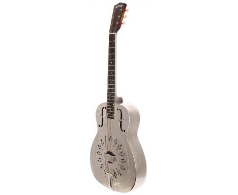 2010 National Reso-Phonic 0-14 resonator guitar, made in USA; Body: Hawaiian scene etched nickel plated brass body, light sur