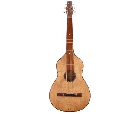 Vintage Weissenborn style acoustic guitar,&nbsp;possibly 1930s German, branded D.R.G.M to the rosewood bridge; Body: koa, re-