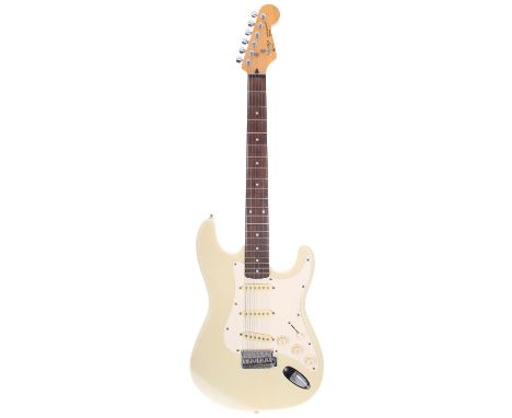 1989 Squier by Fender Stratocaster electric guitar, made in Korea; Body: Olympic white finish, a few minor marks but generall