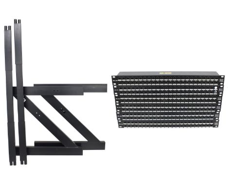 Six Re'an 48 Way Patch System patch bay rack units; together with one large and two small studio rack stands  *Please note: G