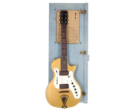 1960s Airline 7214 Amp in Case short scale electric guitar; Body: gold finish, checking throughout, scratches, dings and gene