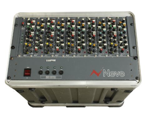 Neve Prism rack unit fitted with ten modules and a DB LED threshold module, with associated cables fitted into an SKB rack fl