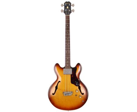 1964 Epiphone Rivoli EBV282 semi-hollow body bass guitar, made in USA; Body: sunburst finish, minor buckle scratching to back