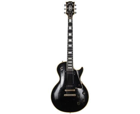 1956 Gibson Les Paul Custom electric guitar, made in USA;&nbsp;Body: black finish, areas of refinishing (UV light inconsisten