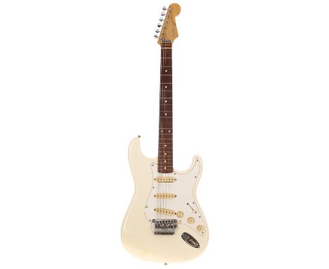 Mid 1980s Squier by Fender Stratocaster with System One trem;&nbsp;Body: Olympic white finish, some yellow discolouration; Ne