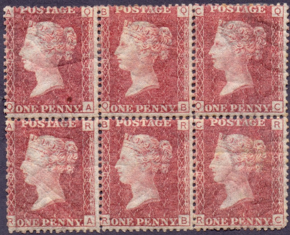 GREAT BRITAIN STAMPS : 1858 1d Red plate 193 mounted mint block of six