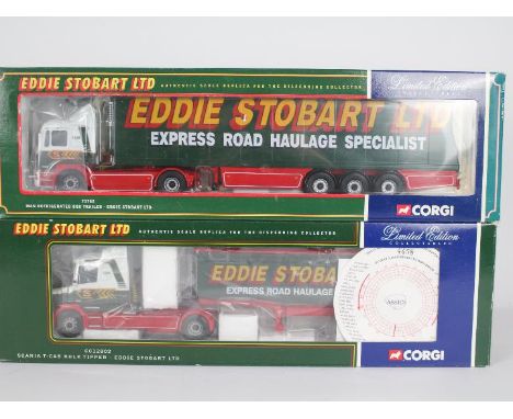 Corgi - two Eddie Stobart 1:50 scale models, Scania T-Cab bulk tipper CC12802 and MAN refrigerated box trailer 75702, both ap