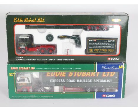 Corgi - two Eddie Stobart 1:50 scale models, Scammell Crusader 3 axle low loader CC12610 and MAN TGA XL step frame curtainsid